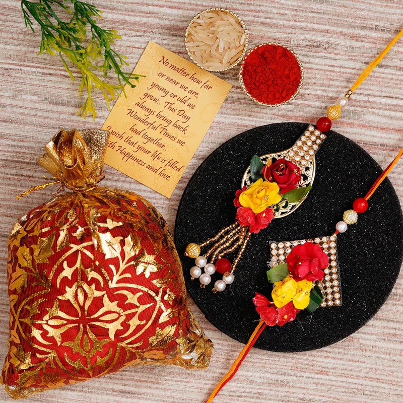 iinfinize Floral Designer Lumba Rakhi Set | Indian Gold Plated Hand Crafted Cotton Thread Bracelet Rakhi For Women Men Bhai Bhabhi Rakhis Gift With Roli Chawal - Image 2