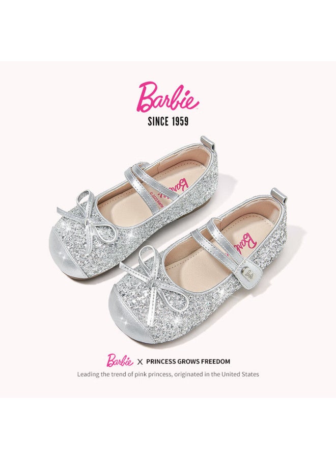 Barbie Girls' Spring Fashion Leather Shoes, Baby Girl New Crystal Shoes, Soft-soled Flats, Spring Da6760, Silver, Size 32 - Image 1