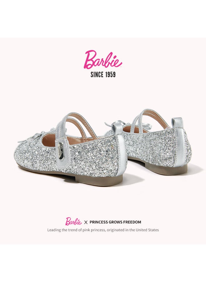 Barbie Girls' Spring Fashion Leather Shoes, Baby Girl New Crystal Shoes, Soft-soled Flats, Spring Da6760, Silver, Size 32 - Image 4