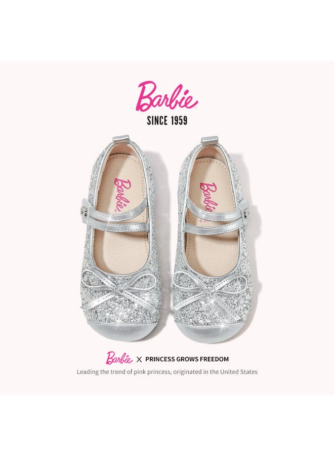 Barbie Girls' Spring Fashion Leather Shoes, Baby Girl New Crystal Shoes, Soft-soled Flats, Spring Da6760, Silver, Size 32 - Image 2