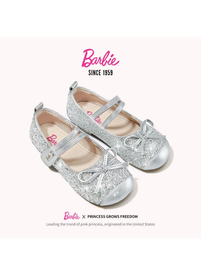 Barbie Girls' Spring Fashion Leather Shoes, Baby Girl New Crystal Shoes, Soft-soled Flats, Spring Da6760, Silver, Size 32 - Image 3