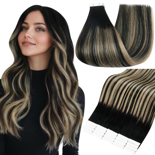 Full Shine Human Hair Tape in Extensions 14 Inch Color 1B271B Black With Blonde Straight Seamless Remy Tape Ins Human Hair Extensions Balayage 20PCS Extensions for Women Real Hair 50g for Party