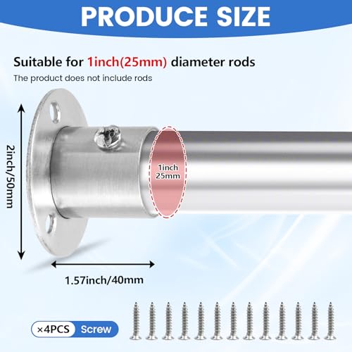Geesatis 4PCS Total Height 1.57" Fit Diameter 1.0" Pipes High Flange Holder Rod Stainless Steel for Wardrobe Ceiling Mounting Bracket, with Screws - Image 2