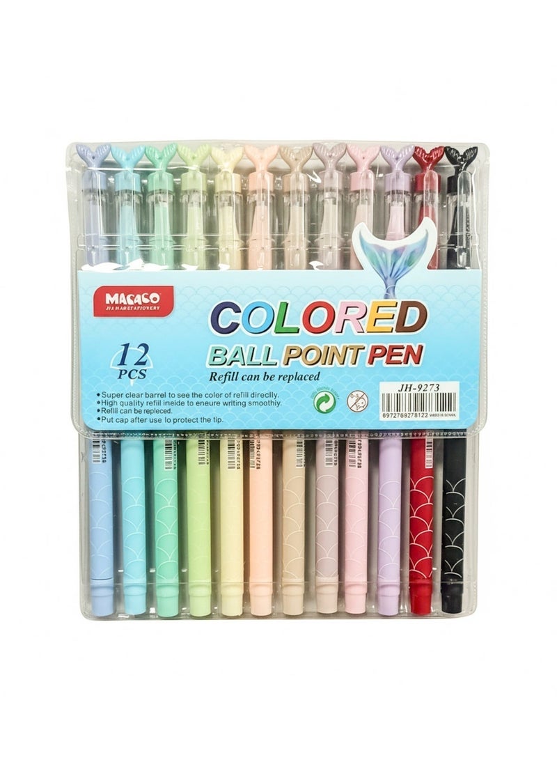 MACAGO 12-Piece Colored Ballpoint Pen Set with Mermaid Tail Caps, Fine 0.7mm Point