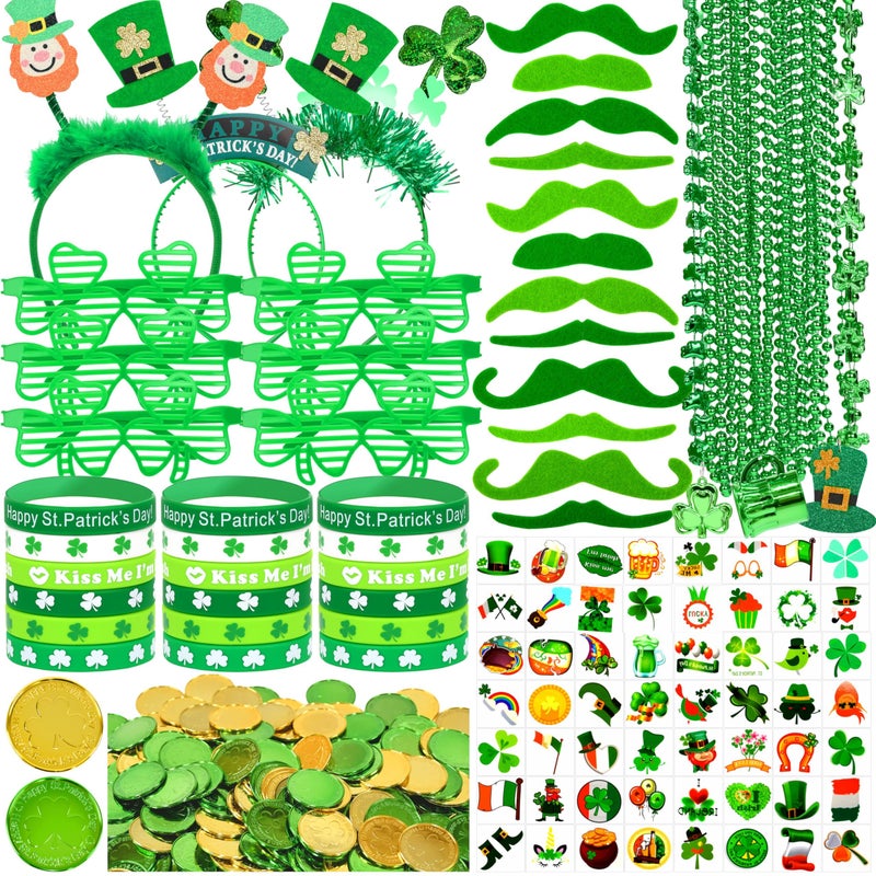 Seifar 199Pack St. Patrick's Day Accessories, Shamrock Glasses Necklaces Bracelets Headbands Mustaches Tattoos Gold Coins St Patricks Day Accessories Irish Decorations Supplies - Image 1