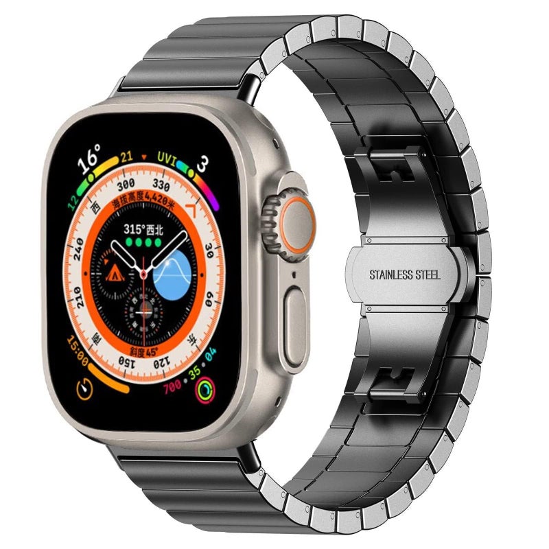 eWINNER Premium Stainless Steel Link Strap Compatible with Apple Watch Ultra / Series 1–8/SE (42–49mm) – Black Replacement Band - Image 1