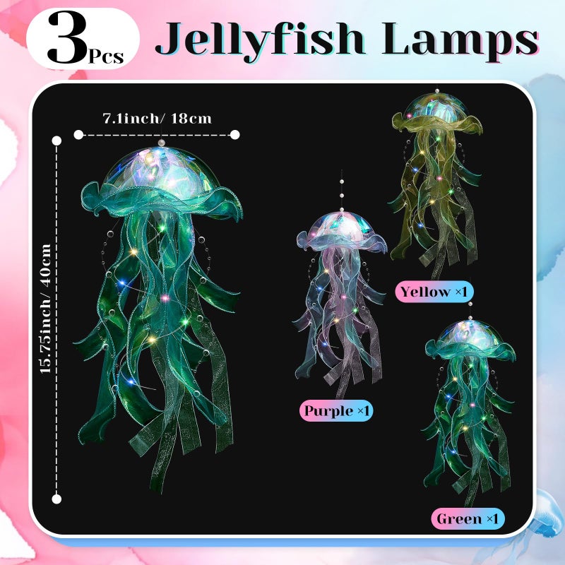Rossesay 3 Pcs Jellyfish Lamp Colorful Jelly Fish Light Hanging Jellyfish Decorations LED Lantern for Birthday Under Sea Mermaid Wedding Decor(Green, Yellow, Purple) - Image 2