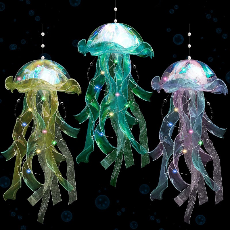 Rossesay 3 Pcs Jellyfish Lamp Colorful Jelly Fish Light Hanging Jellyfish Decorations LED Lantern for Birthday Under Sea Mermaid Wedding Decor(Green, Yellow, Purple) - Image 1