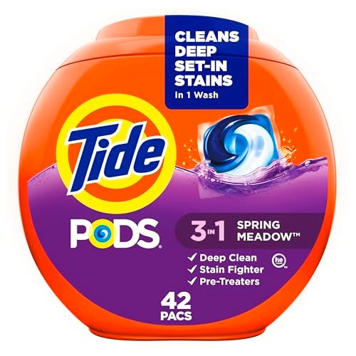 Tide PODS laundry detergent pacs, 3-in-1 Stain Remover, Odor Fighter, Color Protector, 42 Count, HE compatible, Spring Meadow Scent - Image 1