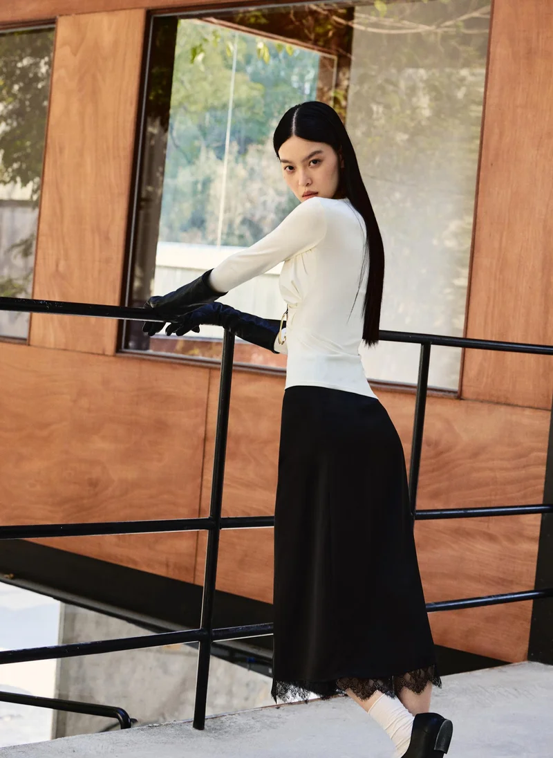 Lichi  Satin midi skirt with lace trim for Women | Best Price UAE