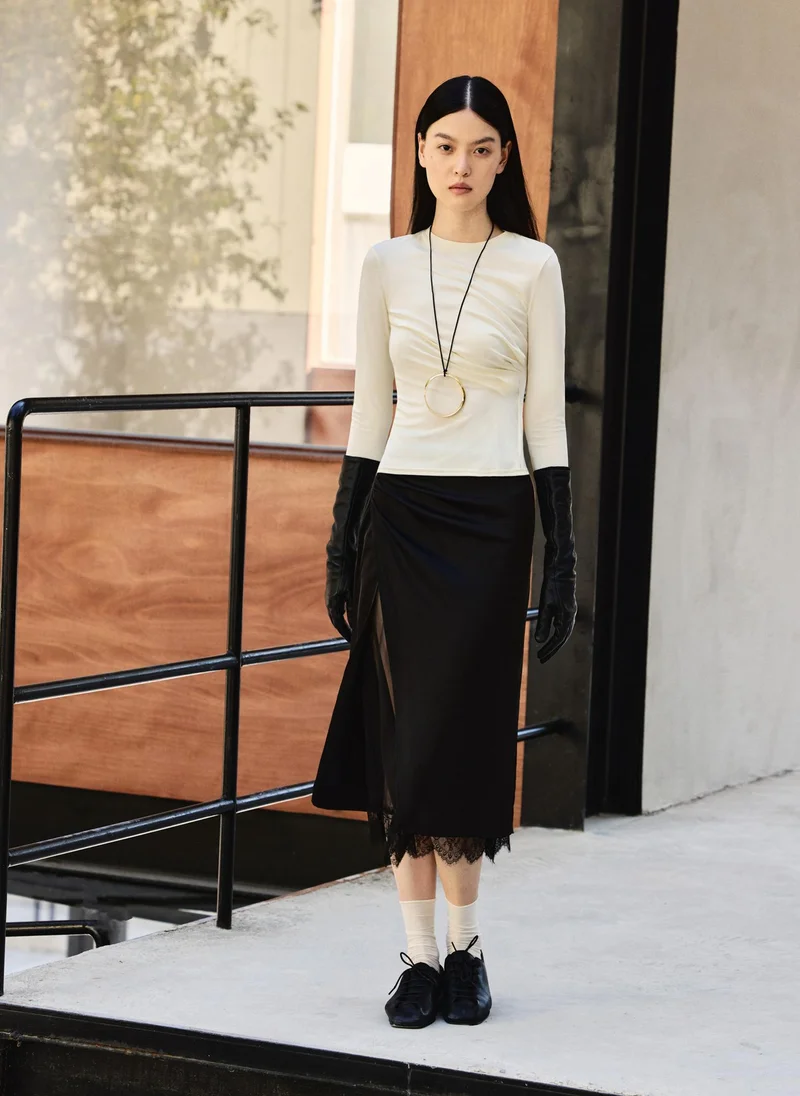 Lichi  Satin midi skirt with lace trim for Women | Best Price UAE