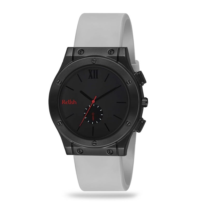 Relish Analogue Men's Watch Black Dial & Gray Colored Strap | Quartz Movement | Classic Brass Dial | Durable Silicone Strap - Image 4