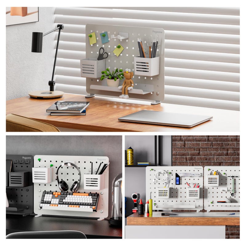 PEGZONE Clamp-on Desk Pegboard, Desk Organizer for Office Gaming Home, Magnetic Metal Peg Board with 10 Accessories, Privacy Panel for Office, 16.5" x 12.6", Medium, White - Image 3