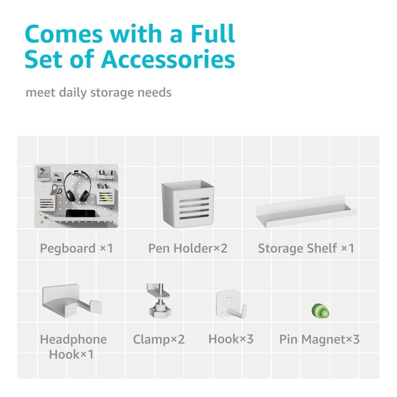 PEGZONE Clamp-on Desk Pegboard, Desk Organizer for Office Gaming Home, Magnetic Metal Peg Board with 10 Accessories, Privacy Panel for Office, 16.5" x 12.6", Medium, White - Image 5