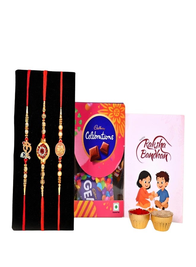 Poorak Religious Assorted Combo – 3 Rakhi Set, Small Celebration, Greeting Card & Roli Chawal - Image 1