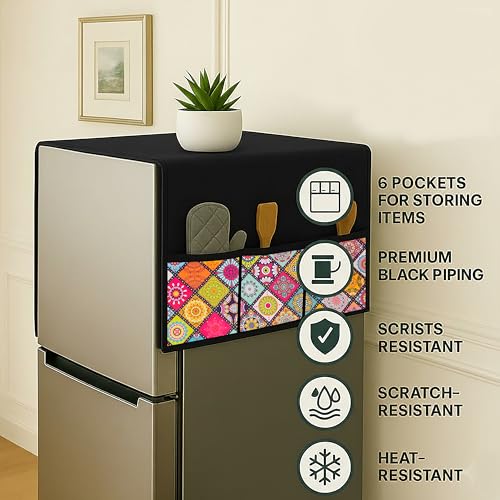 Fancy Walas Refrigerator Single Door Waterproof, Dustproof, Refrigerator Top Cover, Protective Cover for Fridges with Extra Storage Space Nylon Top cover with 6 Storage Pockets ( Multi, 130 x 54 cm ) - Image 4