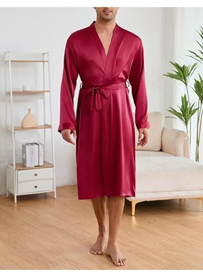 Men's luxury satin robe with shorts, burgundy color, with adjustable belt, suitable for lounging and sleeping - Image 3