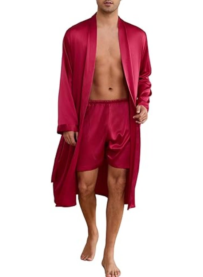 Men's luxury satin robe with shorts, burgundy color, with adjustable belt, suitable for lounging and sleeping - Image 5