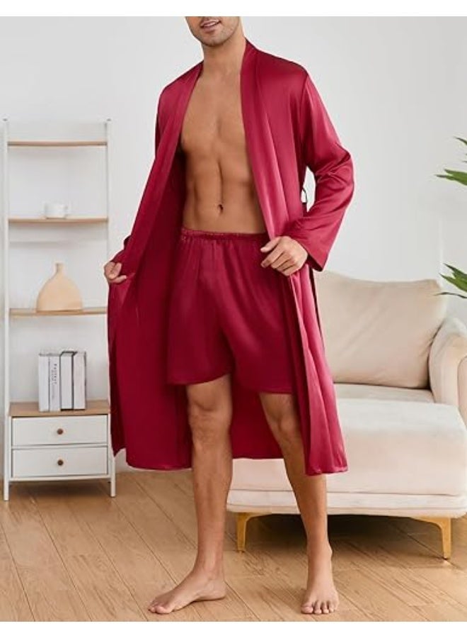 Men's luxury satin robe with shorts, burgundy color, with adjustable belt, suitable for lounging and sleeping - Image 1