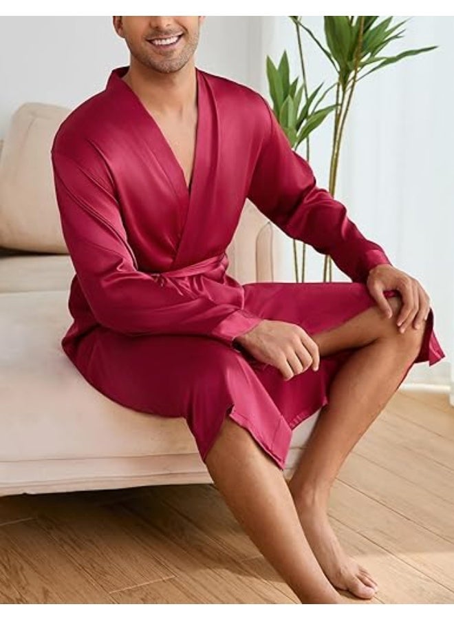 Men's luxury satin robe with shorts, burgundy color, with adjustable belt, suitable for lounging and sleeping - Image 2