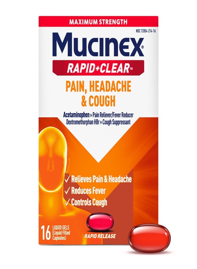 Mucinex Rapid+Clear Maximum Strength Cold & Cough Medicine, Fever, Pain, Headache, & Cough Relief with Acetaminophen & Dextromethorphan, Rapid Release Liquid Gels for Adults, 16 Count - Image 1