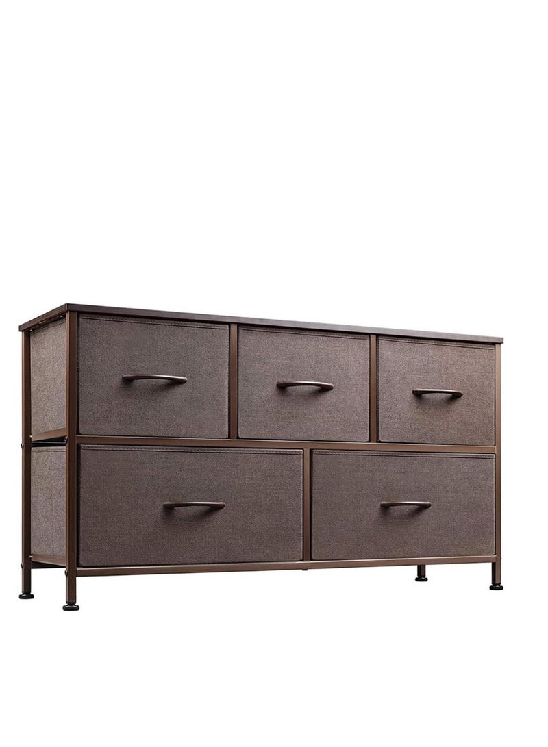 Golden Dresser Cabinet，Chest of Drawer with 5 Drawers，Dresser Storage Organizer with Wood Top and Large Storage Space，Metal Frame for Living Room, Entryway, Closets，Hallway (Brown) - Image 1