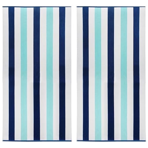 COTTON CRAFT Oversized XL Beach Towel 2 Pack 39 x 68 inches Big Huge Beach Blanket Towel 100 Cotton Velour Thick Plush 450 GSM Super Soft Luxury Pool Picnic Bath Towel Cabana Stripe Blue - Image 1