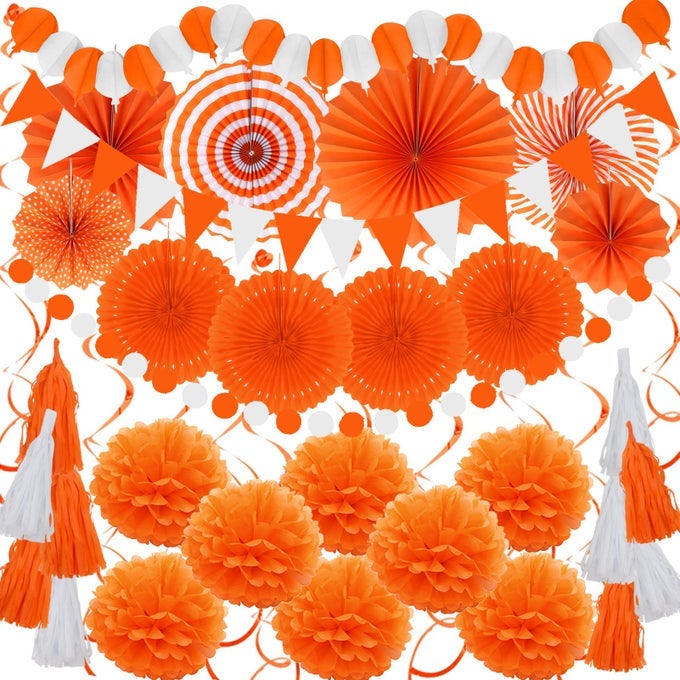 PARTY DECORATIONS 41 PCS ORANGE PAPAR FANS POMPOMS GARLANDS STRING TISSUE PAPER TASSEL FOR HALLOWEEN NEW YEARS SPRING FESTIVAL WEDDING BIRTHDAY PARTY