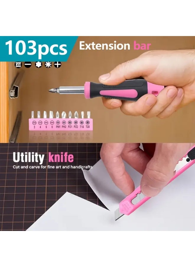 Generic Home Tool Kit 103pcs Set - Complete Basic Hand Tool Box, Portable Repair Tool Kit with Case, Ratchet Screwdriver, Hex Wrenches, Pliers, and Wrenches, Perfect Birthday or Holiday Gift for Men, Women, Relatives, Friends, and DIY Enthusiasts - Pink  - Image 5