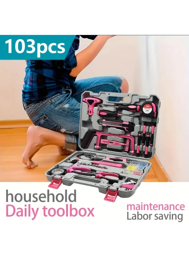 Generic Home Tool Kit 103pcs Set - Complete Basic Hand Tool Box, Portable Repair Tool Kit with Case, Ratchet Screwdriver, Hex Wrenches, Pliers, and Wrenches, Perfect Birthday or Holiday Gift for Men, Women, Relatives, Friends, and DIY Enthusiasts - Pink  - Image 2