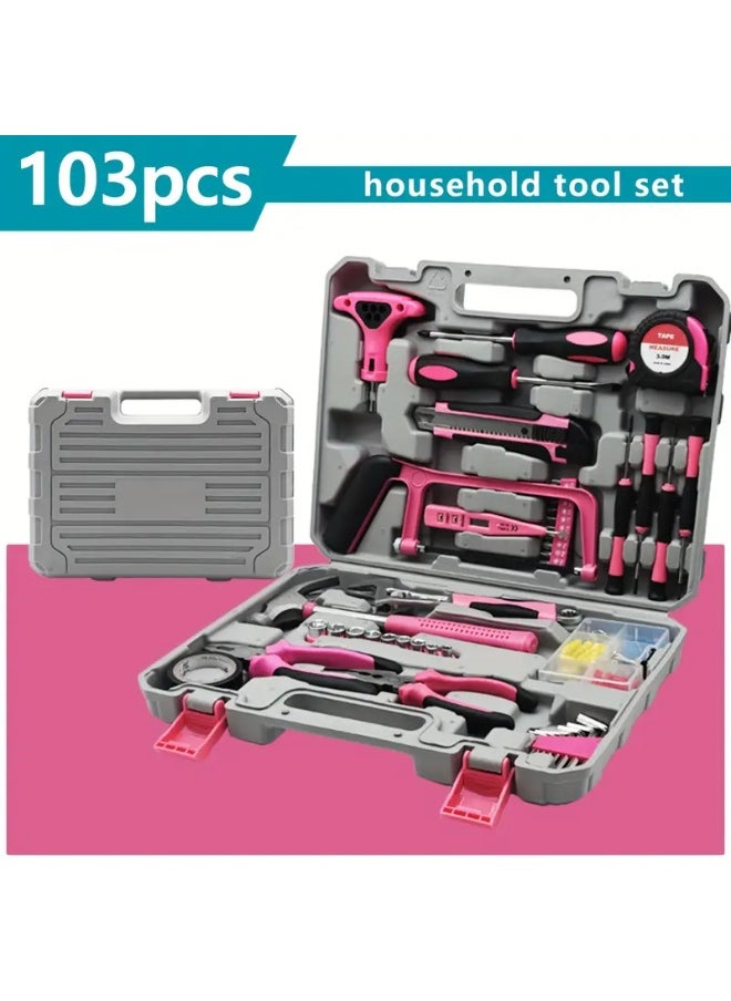 Generic Home Tool Kit 103pcs Set - Complete Basic Hand Tool Box, Portable Repair Tool Kit with Case, Ratchet Screwdriver, Hex Wrenches, Pliers, and Wrenches, Perfect Birthday or Holiday Gift for Men, Women, Relatives, Friends, and DIY Enthusiasts - Pink  - Image 1