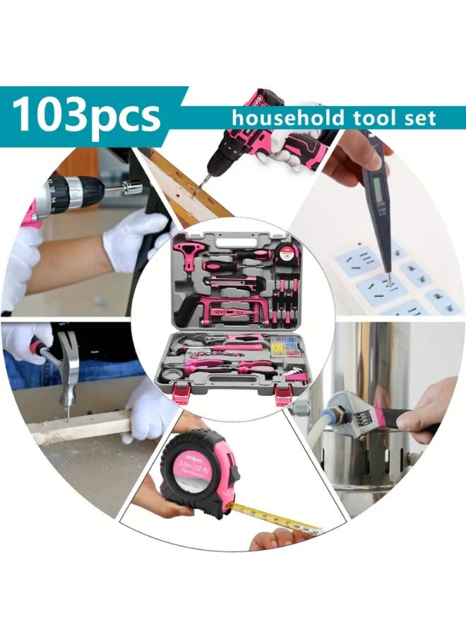 Generic Home Tool Kit 103pcs Set - Complete Basic Hand Tool Box, Portable Repair Tool Kit with Case, Ratchet Screwdriver, Hex Wrenches, Pliers, and Wrenches, Perfect Birthday or Holiday Gift for Men, Women, Relatives, Friends, and DIY Enthusiasts - Pink  - Image 3
