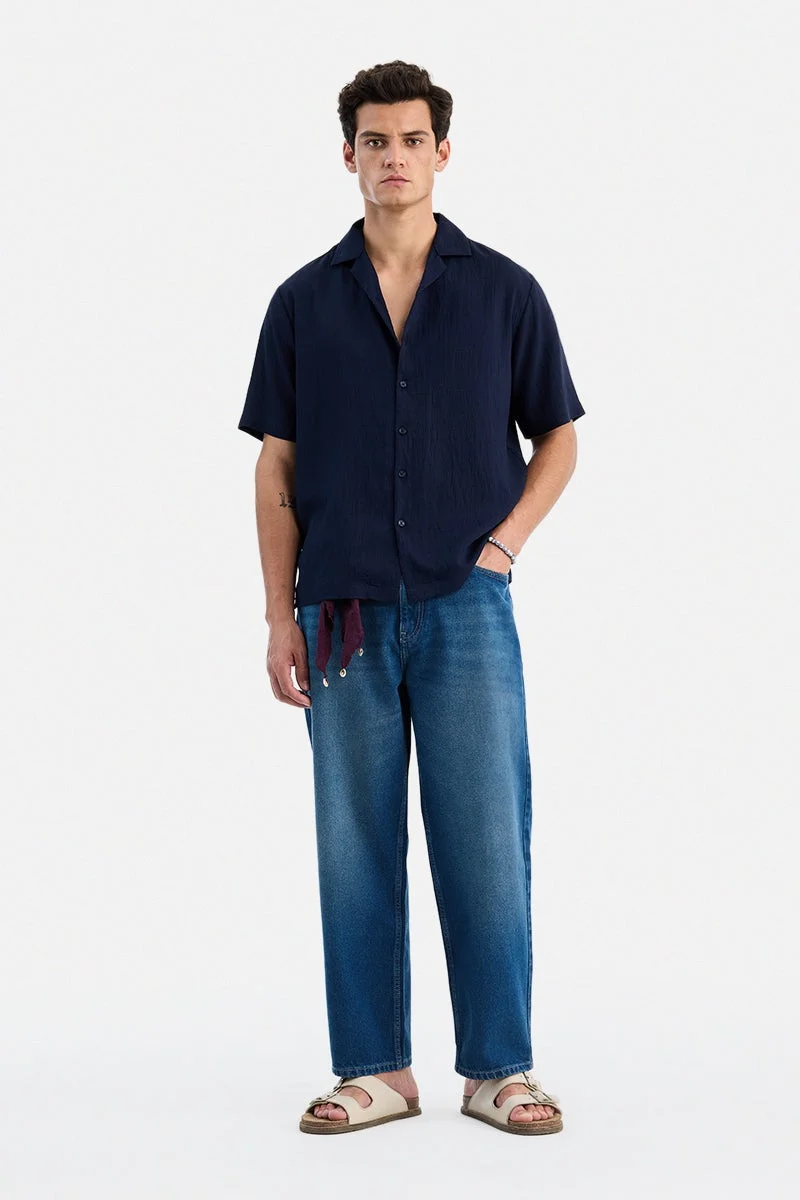 سنيتش Navy Blue Textured Half Sleeve Boxy Shirt