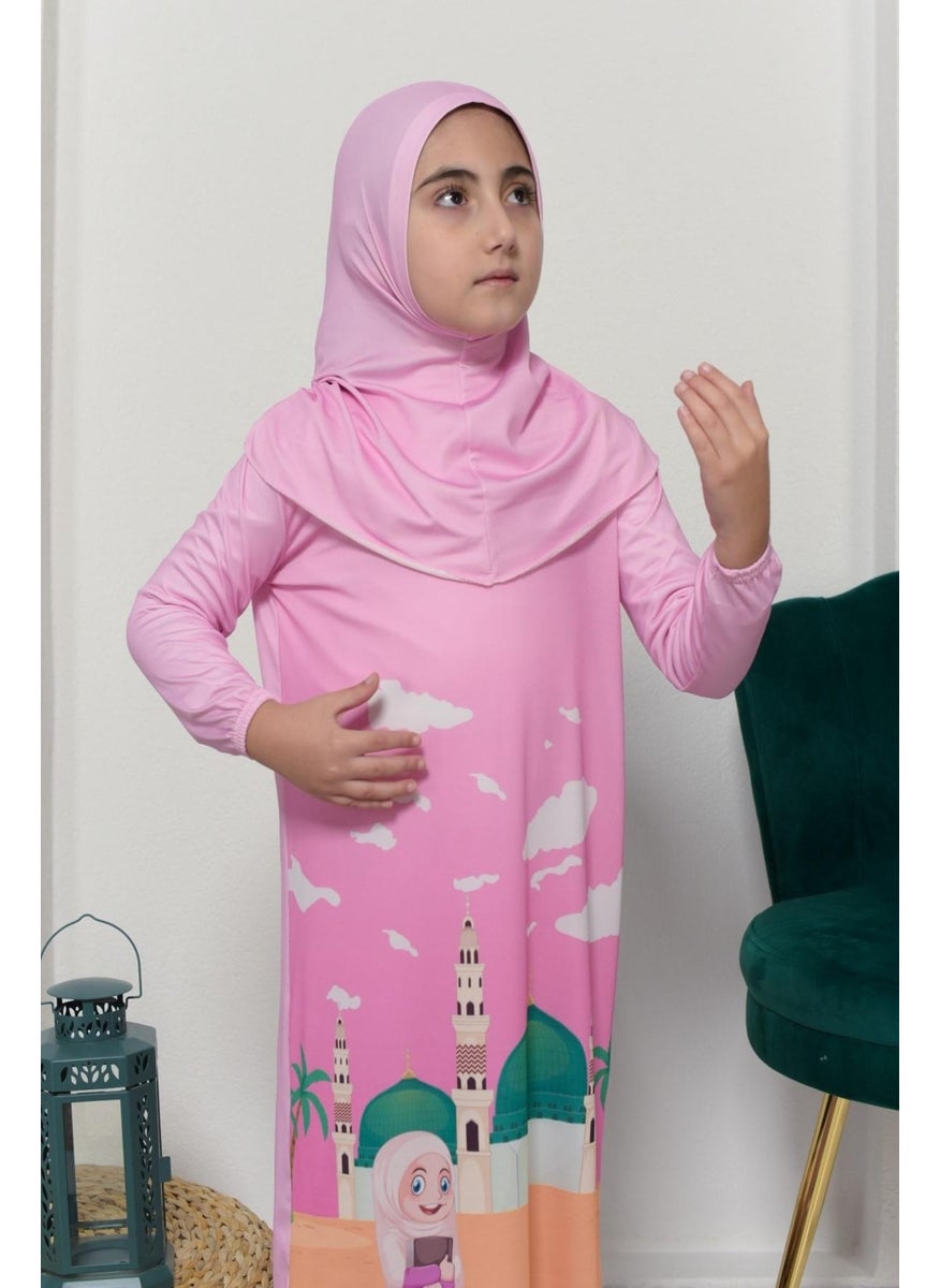 Altobeh طقم صلاة للأطفال من التوبه، قطعة واحدة عملية، أكمام منقوشة، حجاب قابل للإزالة، فستان من الليكرا (6-12 سنة) 925-0301  - Image 4