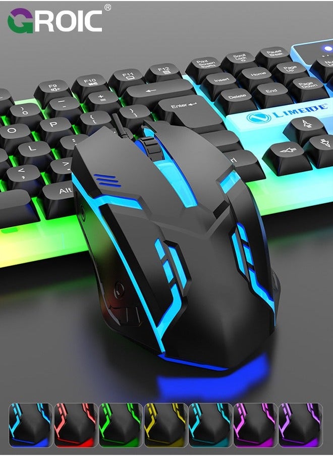 GROIC - Black Adjustable Backlight Colorful Mechanical Feel Keyboard and Mouse Kit, LED 104 Keys USB Wired Floating Key Anti-slip Kit for Windows PC Gamer - Image 1