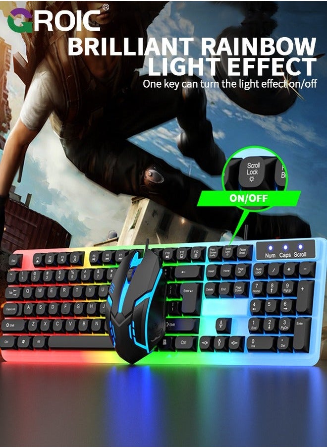 GROIC - Black Adjustable Backlight Colorful Mechanical Feel Keyboard and Mouse Kit, LED 104 Keys USB Wired Floating Key Anti-slip Kit for Windows PC Gamer - Image 1