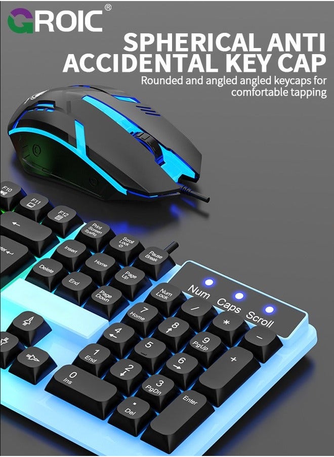 GROIC - Black Adjustable Backlight Colorful Mechanical Feel Keyboard and Mouse Kit, LED 104 Keys USB Wired Floating Key Anti-slip Kit for Windows PC Gamer - Image 1