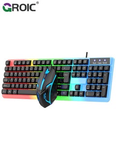 GROIC Black Adjustable Backlight Colorful Mechanical Feel Keyboard and Mouse Kit, LED 104 Keys USB Wired Floating Key Anti-slip Kit for Windows PC Gamer  - Image 1