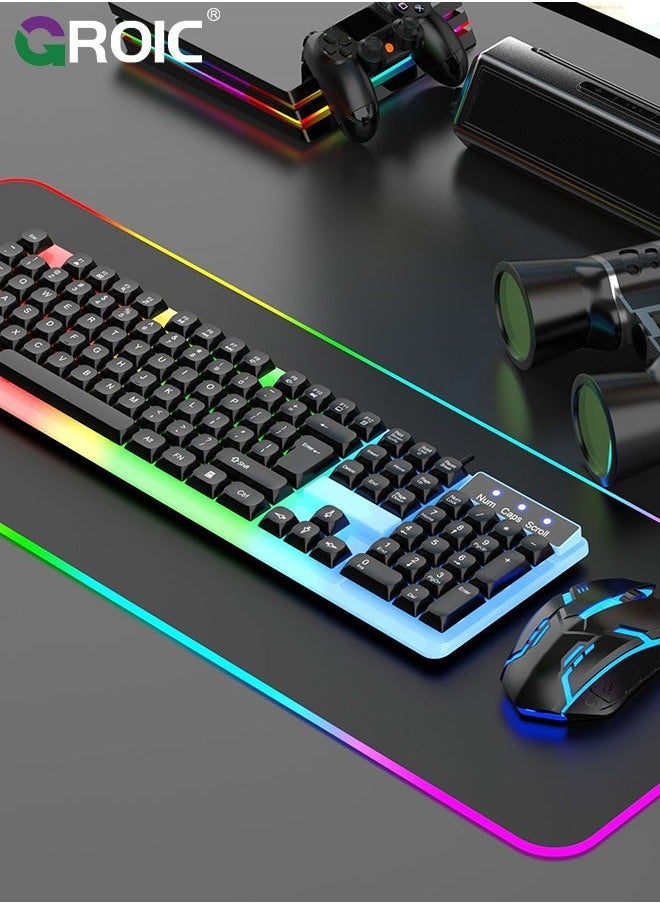 GROIC - Black Adjustable Backlight Colorful Mechanical Feel Keyboard and Mouse Kit, LED 104 Keys USB Wired Floating Key Anti-slip Kit for Windows PC Gamer - Image 1