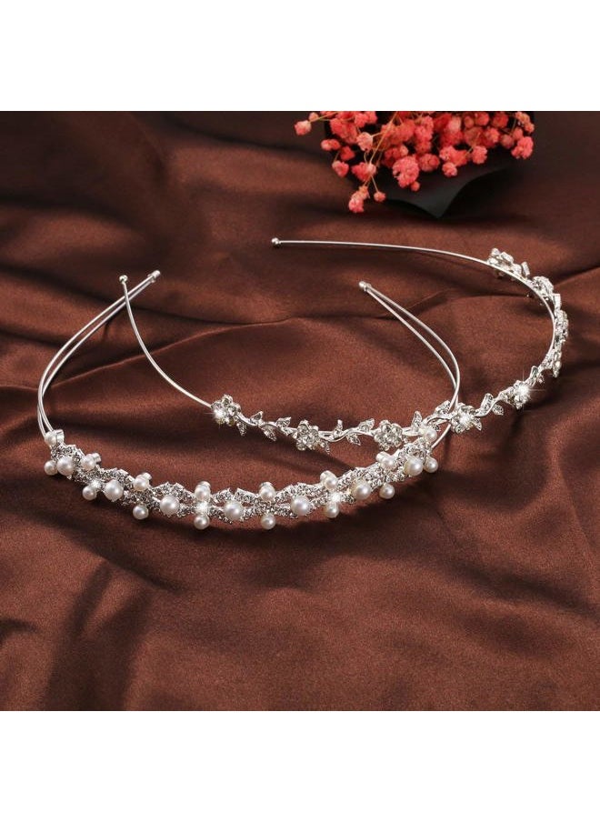 Pangda 2 Pieces Rhinestone Bridal Crystal Women's Headband Wedding Flower Girl Pearl Diamond Slim Thin Silver Flower Leaves Crown Hair Band Accessories Headpiece Tiara for Bride Bridesmaids  - Image 5