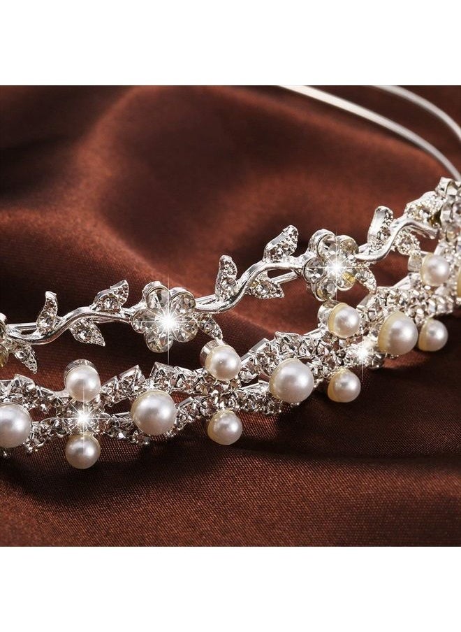 Pangda 2 Pieces Rhinestone Bridal Crystal Women's Headband Wedding Flower Girl Pearl Diamond Slim Thin Silver Flower Leaves Crown Hair Band Accessories Headpiece Tiara for Bride Bridesmaids  - Image 4