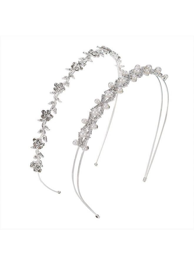 Pangda 2 Pieces Rhinestone Bridal Crystal Women's Headband Wedding Flower Girl Pearl Diamond Slim Thin Silver Flower Leaves Crown Hair Band Accessories Headpiece Tiara for Bride Bridesmaids  - Image 1