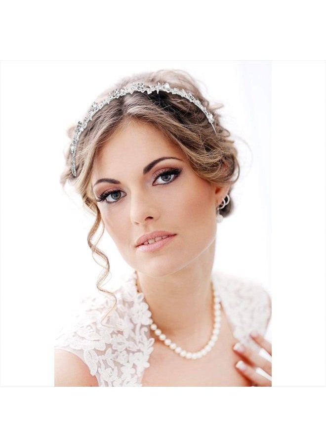 Pangda 2 Pieces Rhinestone Bridal Crystal Women's Headband Wedding Flower Girl Pearl Diamond Slim Thin Silver Flower Leaves Crown Hair Band Accessories Headpiece Tiara for Bride Bridesmaids  - Image 3