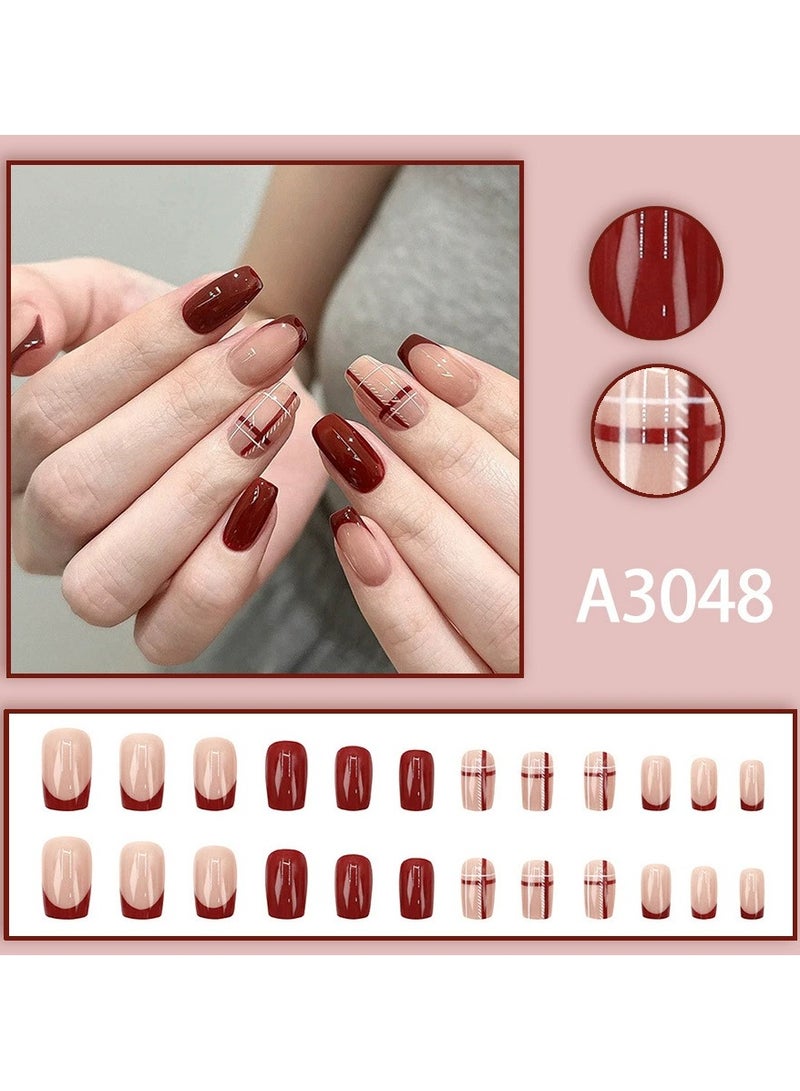 Goolsky Enkora Red French Plaid Square Press On Nails Elegant Winter New Year Style 24PCS Set  - Image 1