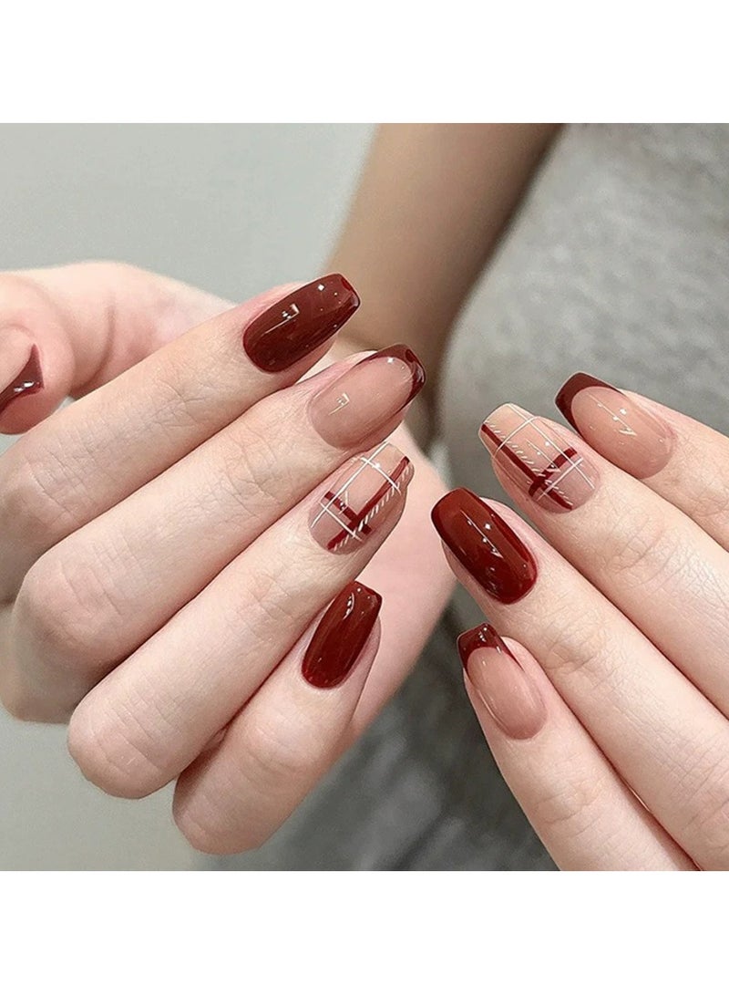 Goolsky Enkora Red French Plaid Square Press On Nails Elegant Winter New Year Style 24PCS Set  - Image 2