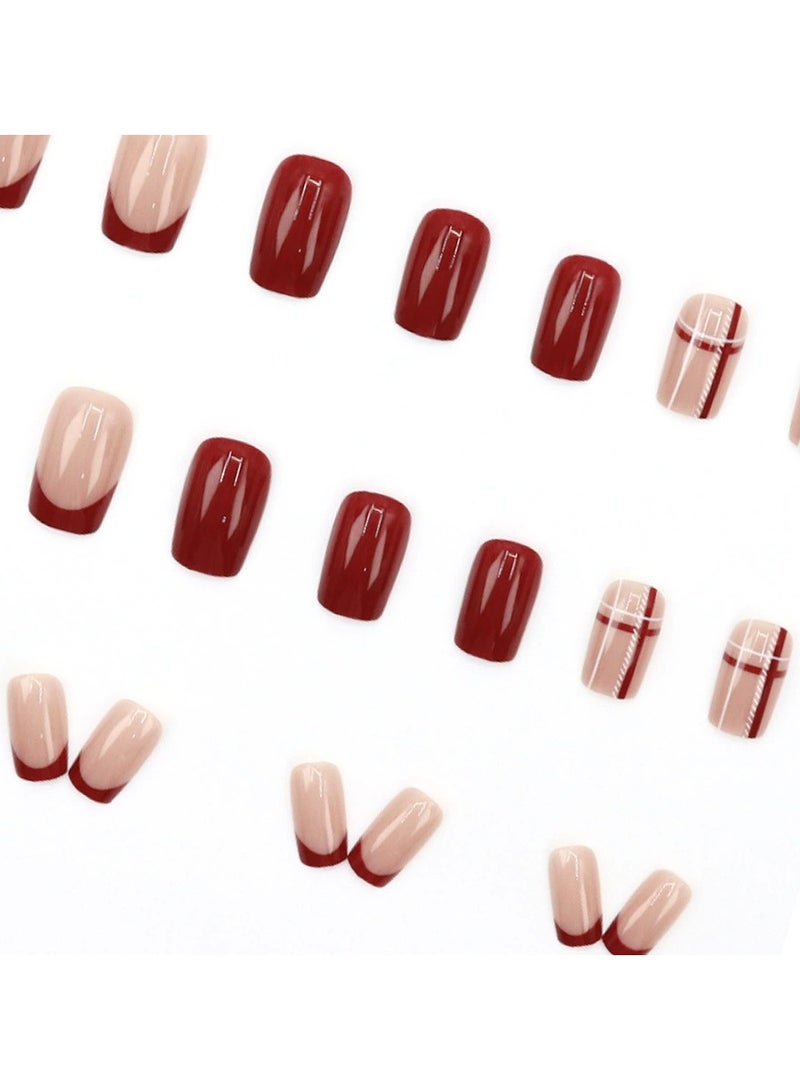 Goolsky Enkora Red French Plaid Square Press On Nails Elegant Winter New Year Style 24PCS Set  - Image 3