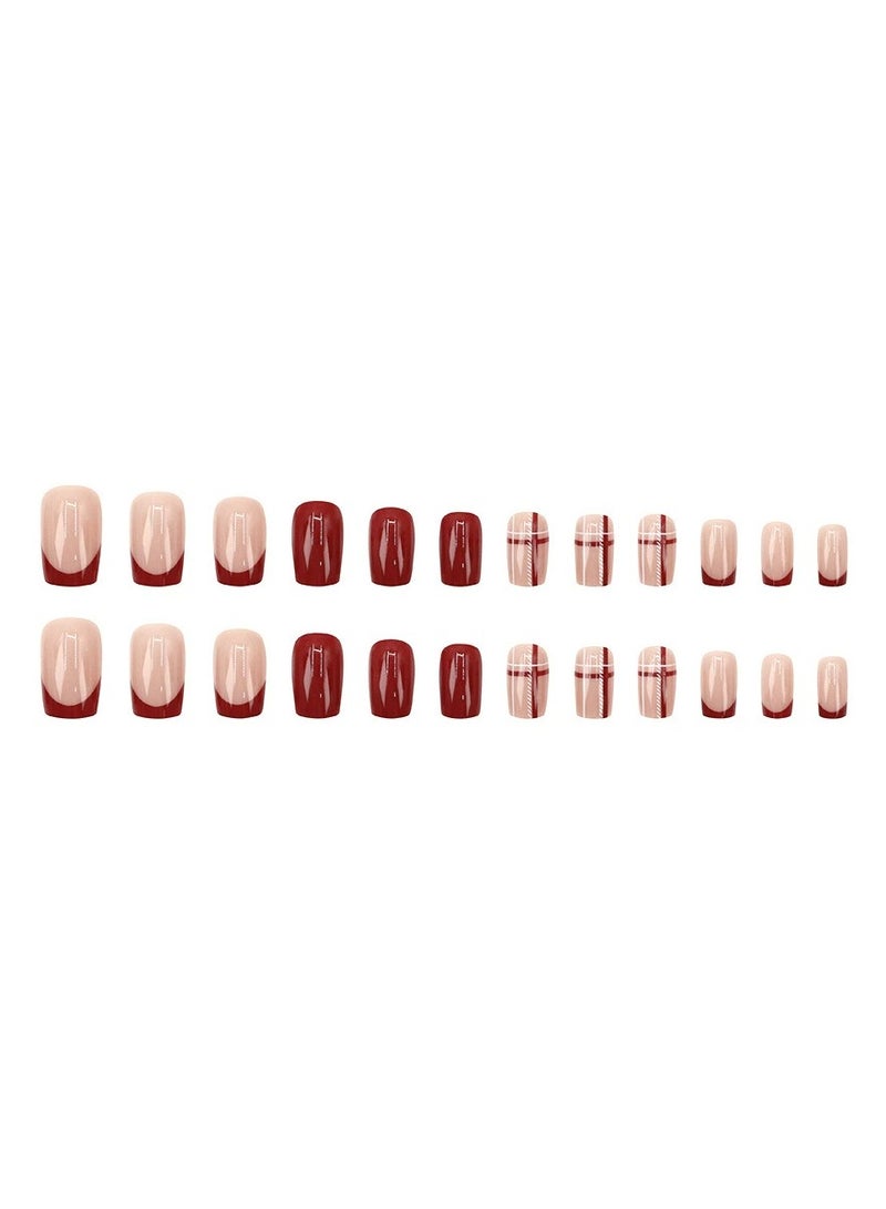 Goolsky Enkora Red French Plaid Square Press On Nails Elegant Winter New Year Style 24PCS Set  - Image 4