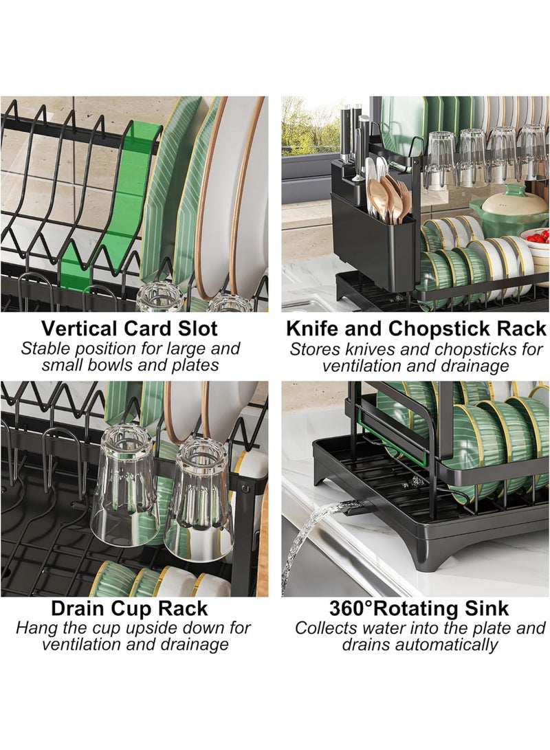 FLYROAD 2 Tier Dish Drying Rack, Small Dish Rack for Kitchen Counter, Detachable Capacity Dish Drainer Organizer with Cutlery & Cup Holder (Black) - Image 4