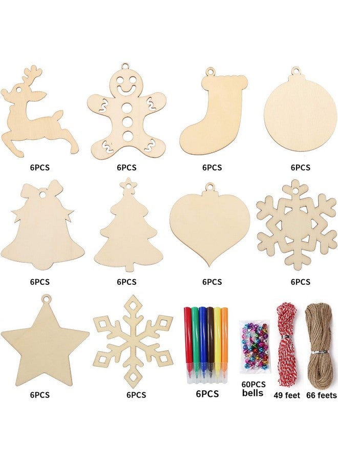 DIYASY Christmas Wood Ornaments For Crafts,60 Pcs Diy Unfinished Wood Cutouts Kit For Kids And Adults Christmas Trees Hanging Decoration - Image 3