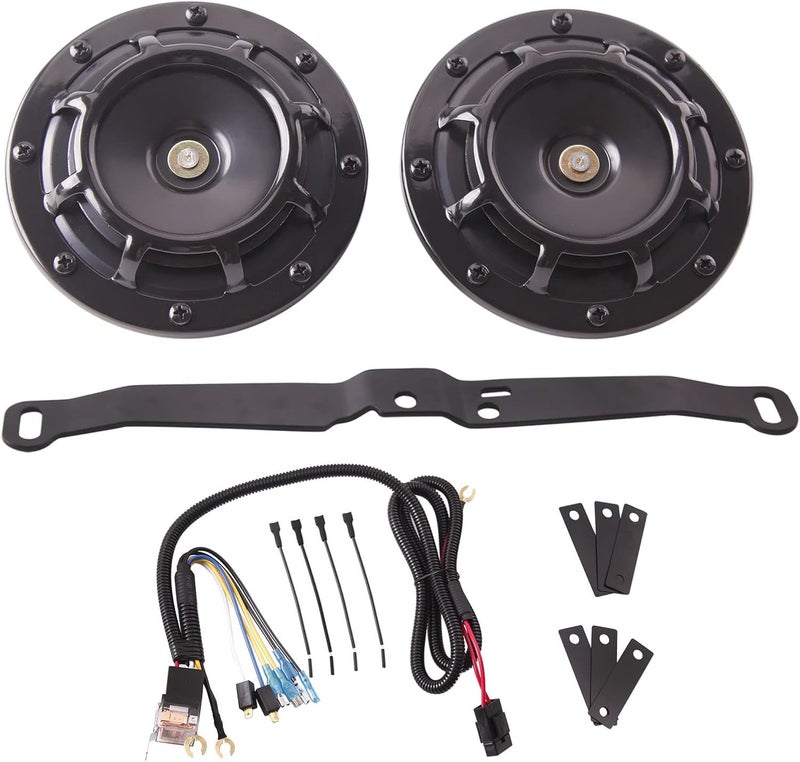 FARBIN Waterproof Car Horn Loud Super tone High Tone/Low Tone Metal Twin Horns Kit with Protective Grill (black horn with harness and bracket) - Image 1
